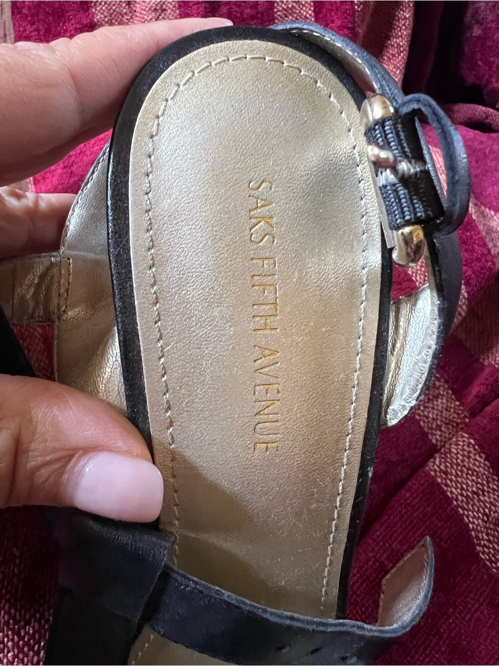 Saks Fifth Avenue Black T-Strap Cork Wedge Sandals - Picture 2 of 7